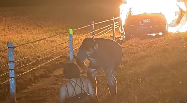 Off-Duty Firefighter Pulls Woman From Burning Car Just Seconds Before It Explodes